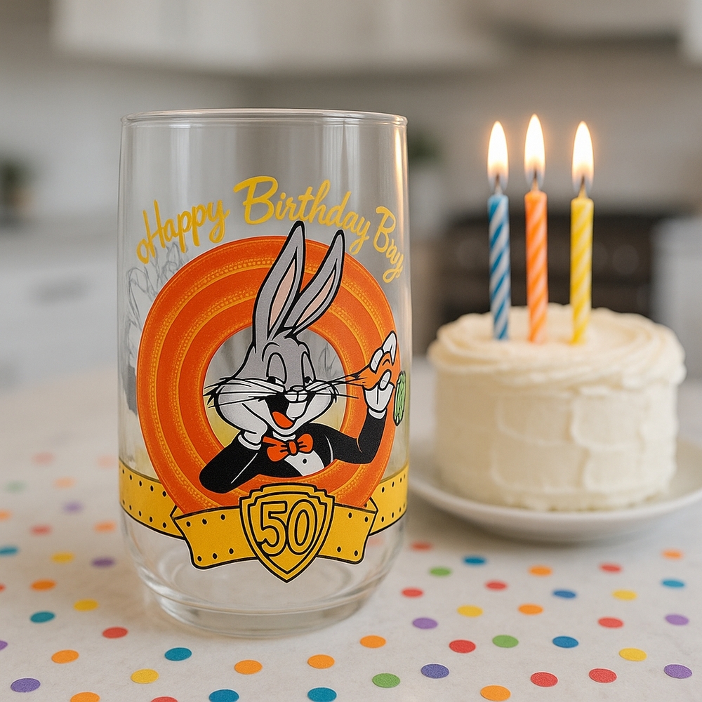 Happy Birthday Bugs Bunny Looney Toons Glass 50th Anniversary Warner 1990 VTG
